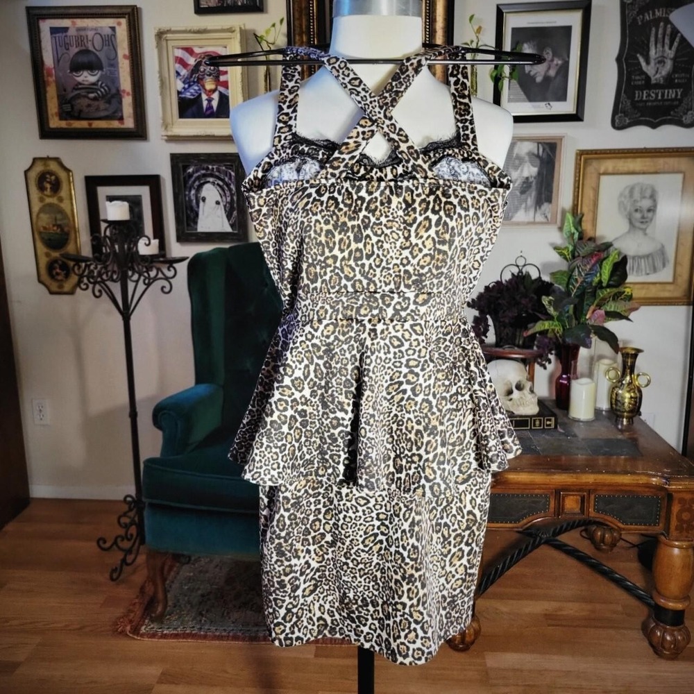 Vintage 80s Dress Leopard Print Peplum Mini Cross Strap Rockabilly Animal Print - Picture 3 of 4
